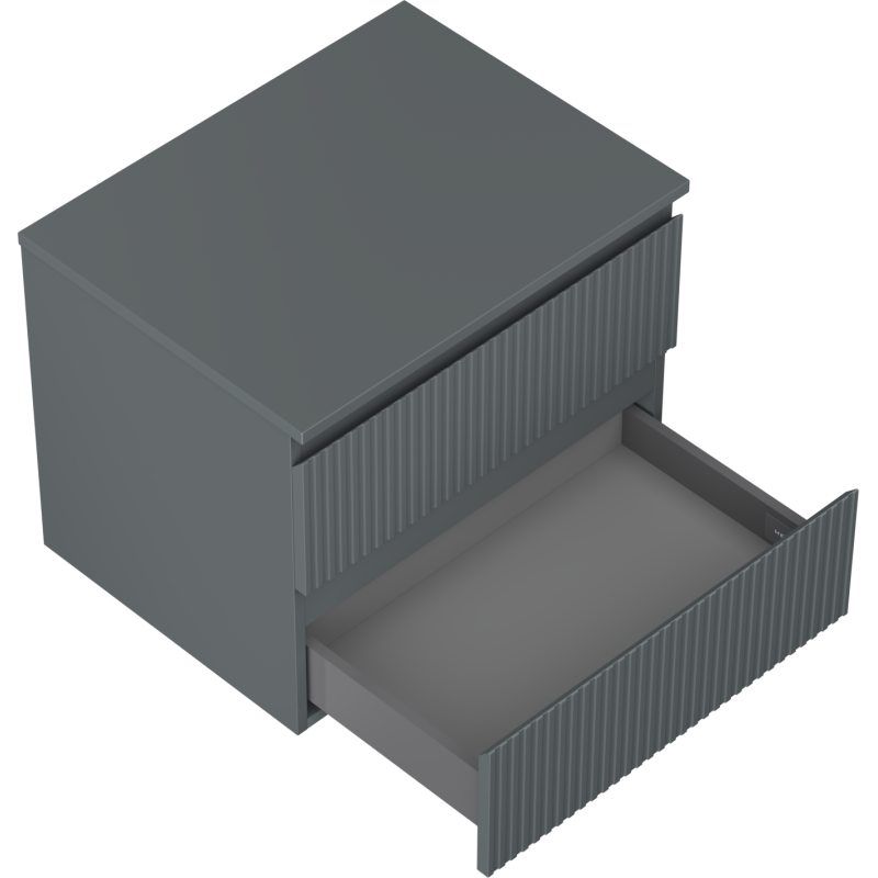 Servantskap til bad 60 cm grafitt matt med to skuffer, vist skrått ovenfra og nederste skuff trukket ut.