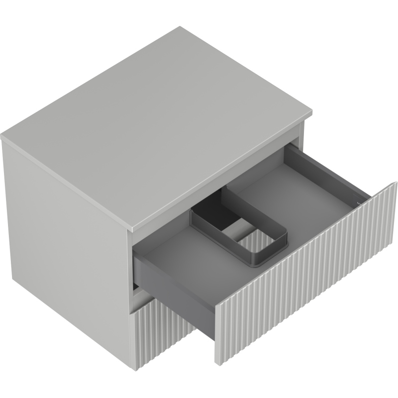 Servantskap uten vask 60 cm grå matt med åpen skuff og riflet front, sett skrått ovenfra.