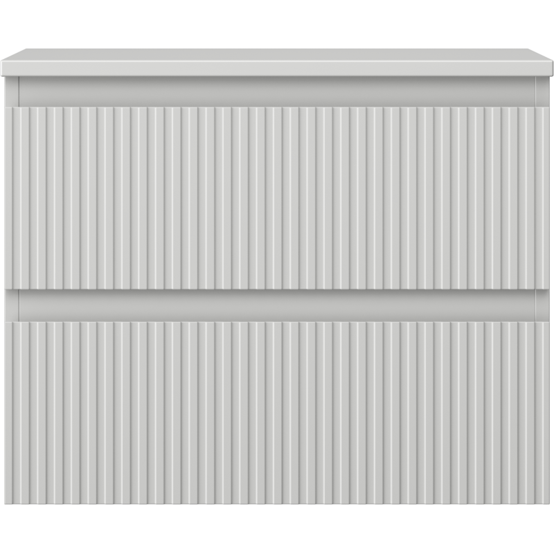 Underskap til servant i grå matt finish med riflet front og to skuffer, sett forfra.