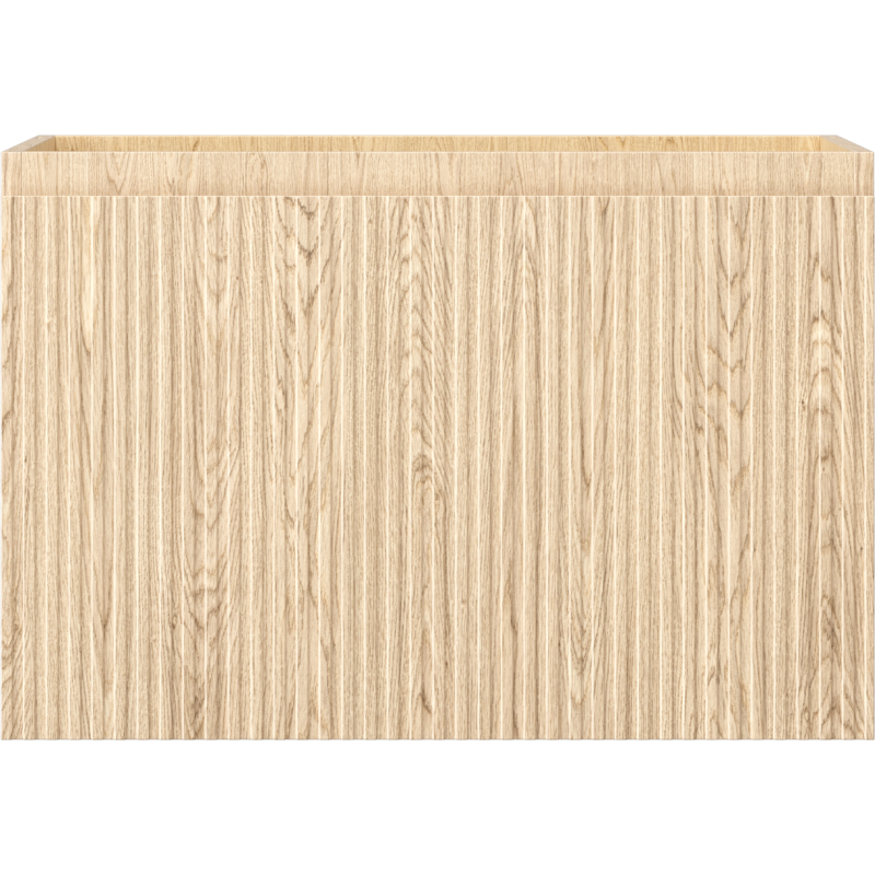 Underskap til servant i lys eik, 70 cm bredde, riflet front og én skuff, sett rett forfra.