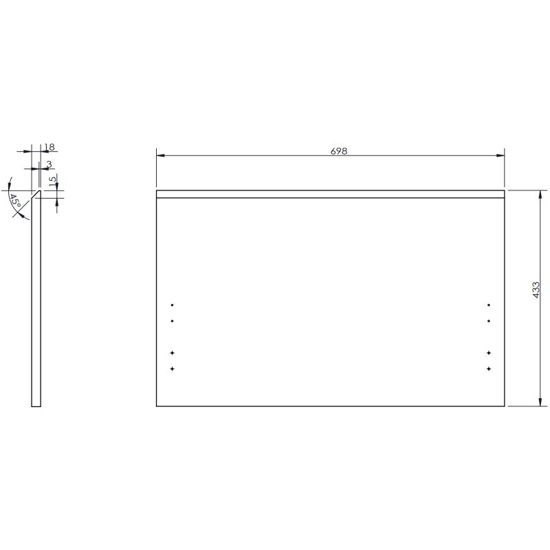 Servantskap teknisk tegning med mål og borepunkter for 70 cm eikemodell med riflet front.