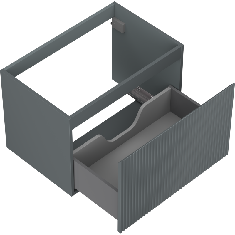 Servantskap uten vask grafitt matt 70 cm med én skuff, vertikale riller og åpen skuff.
