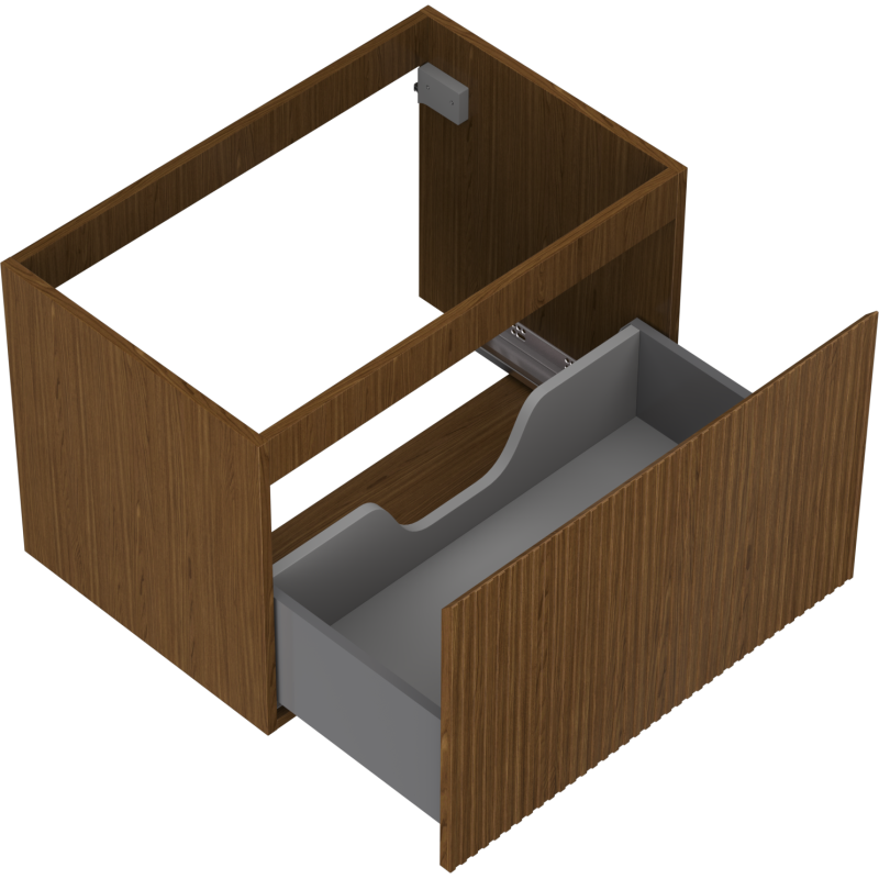 Servantskap uten vask 70 cm valnøtt med riflet front, åpen grå skuff, sett skrått ovenfra.
