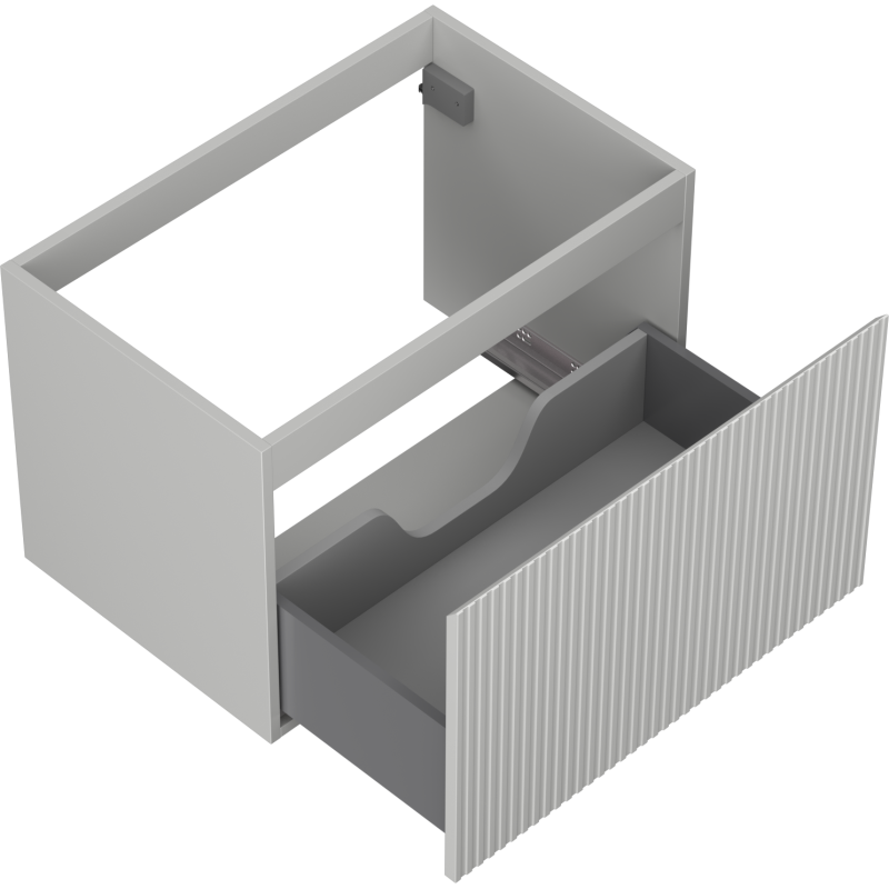 Servantskap uten vask i lys grå matt med én uttrekt skuff og riflet front, sett skrått ovenfra.
