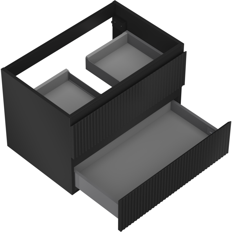Servantskap til bad 70 cm svart matt med uttrekt skuff og grå innvendige rom, vertikale riller.