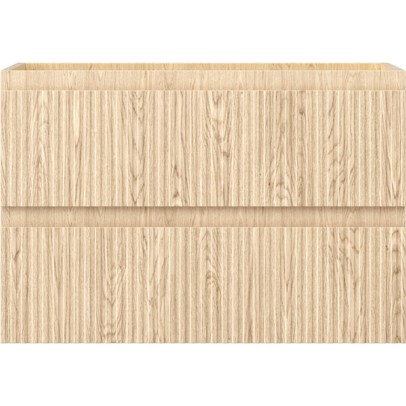 Underskap til servant i lys eik med riflet front og to skuffer, sett rett forfra uten synlige håndtak.