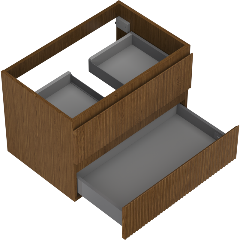 Servantskap til bad 70 cm i valnøtt med to åpne grå skuffer, sett skrått ovenfra.