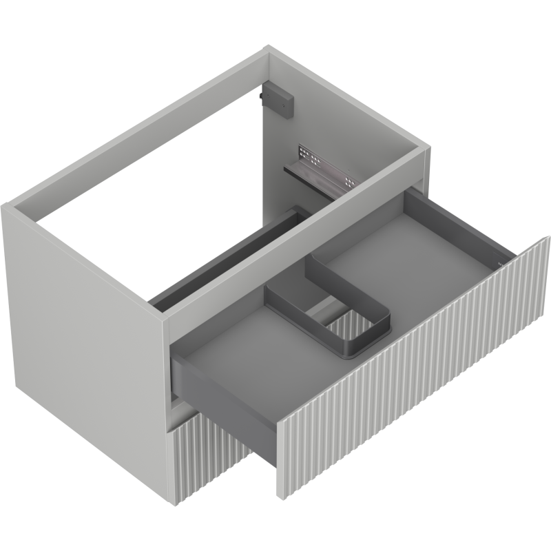 Servantskap uten vask grått 70 cm skuffeskap med riflet front, delvis åpen skuff og organiseringsinnsats.