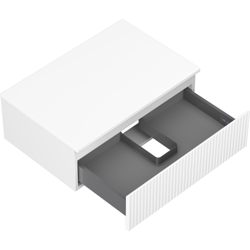 Servantskap uten vask 70 cm hvit matt med åpen skuff, grå innerskuff og riflet front.