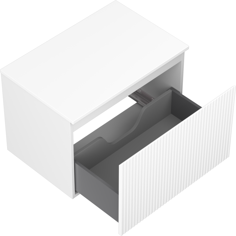 Servantskap uten vask 70 cm hvit matt med riflet front og åpen mørkgrå innerskuff, sett skrått ovenfra.