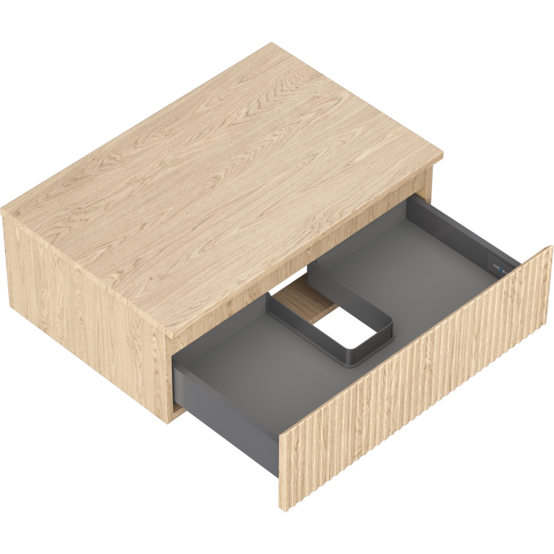 Servantskap uten vask 70 cm i eik med én åpen skuff og grå skillevegger, vist fra skrått ovenfra.