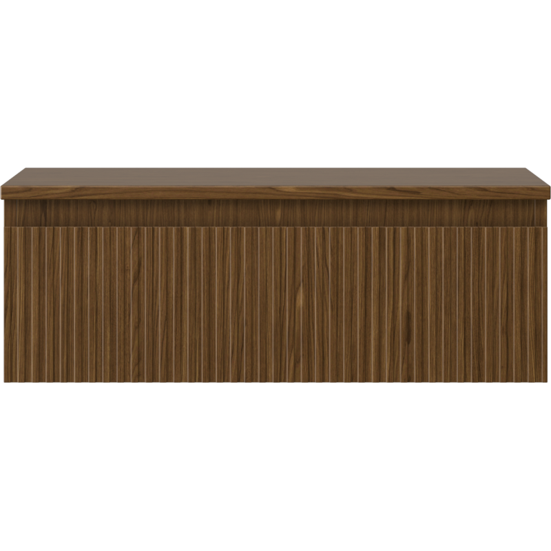 Underskap til servant i valnøtt med riflet front og én skuff, sett rett forfra.