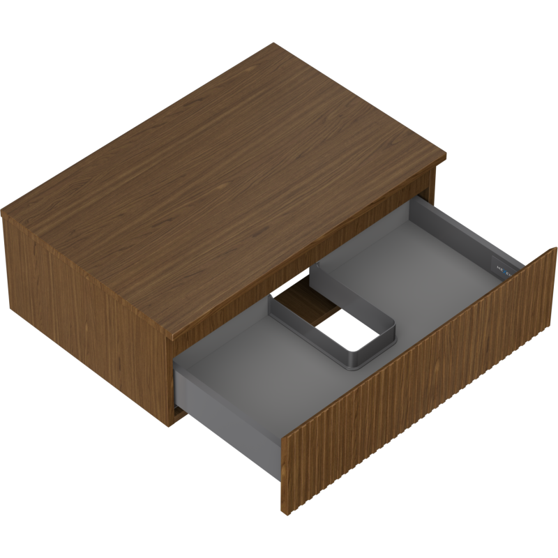 Servantskap uten vask 70 cm valnøtt med åpen skuff og utsparing til rør midt i skuffen.