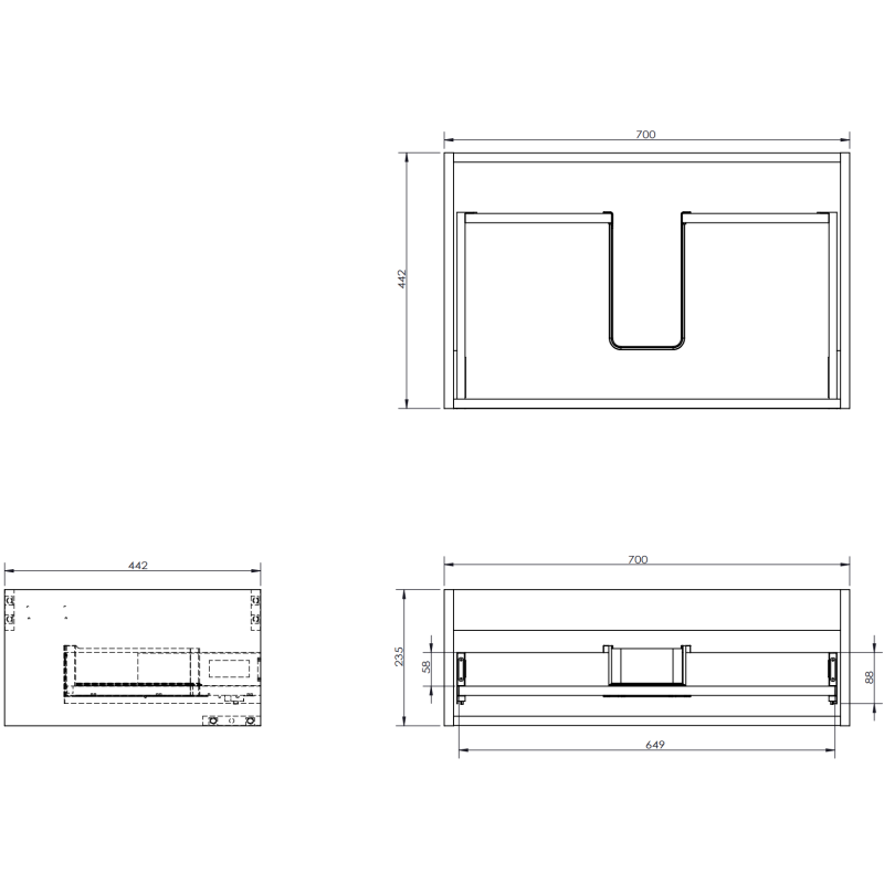 Servantskap til bad teknisk tegning med mål, viser front, topp og side av grått servantskap 70 cm.