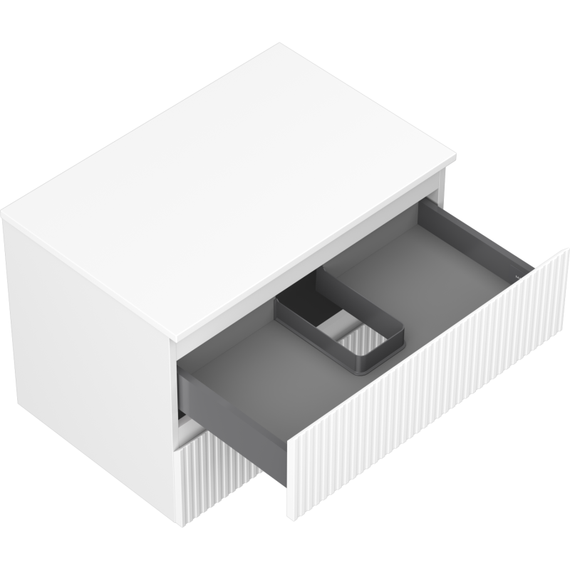 Servantskap uten vask 70 cm hvit matt med to skuffer og vertikale riller, sett skrått ovenfra.