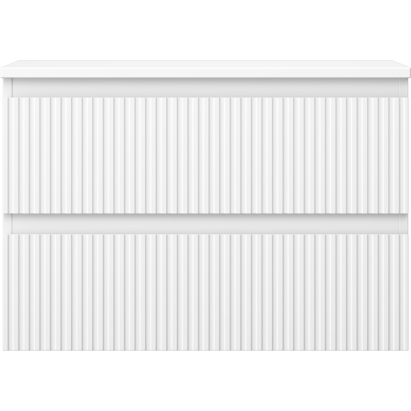 Underskap til servant i hvit matt med vertikale riller og to skuffer, sett rett forfra.