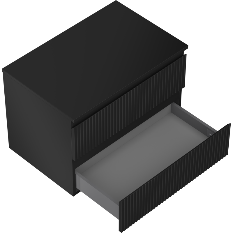 Servantskap til bad 70 cm Mexen Rivel i svart matt med riflet front, skuff trukket ut, skrå vinkel.