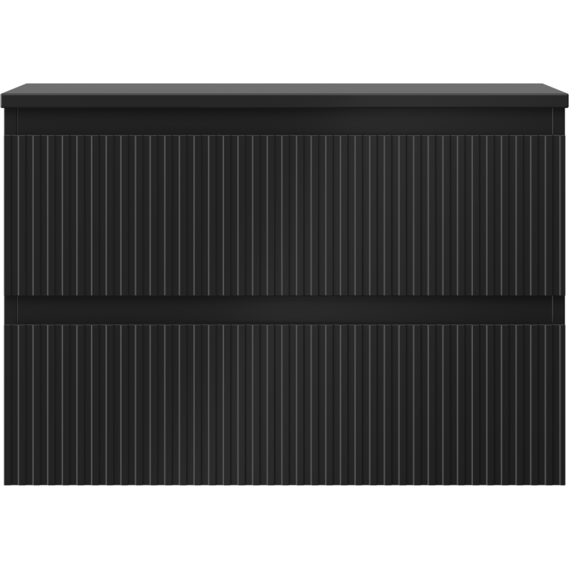 Underskap til servant i svart matt metall med vertikale riller og to dører, sett rett forfra.