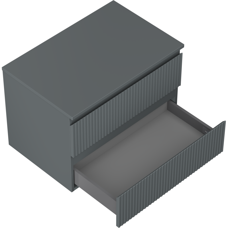 Servantskap til bad 70 cm grafitt matt med to skuffer, nederste skuff trukket ut, sett skrått ovenfra.