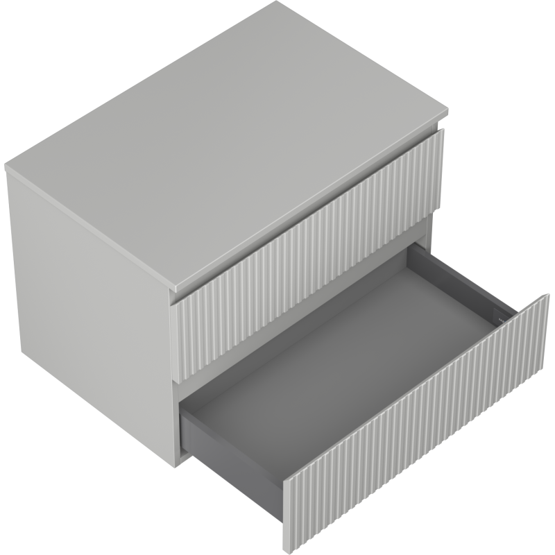 Servantskap til bad 70 cm i matt grå med åpnet skuff og vertikale riller, sett skrått ovenfra.