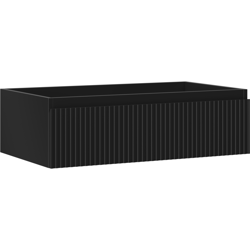 Servantskap 80 cm svart matt med én skuff og riflet front, sett skrått forfra.