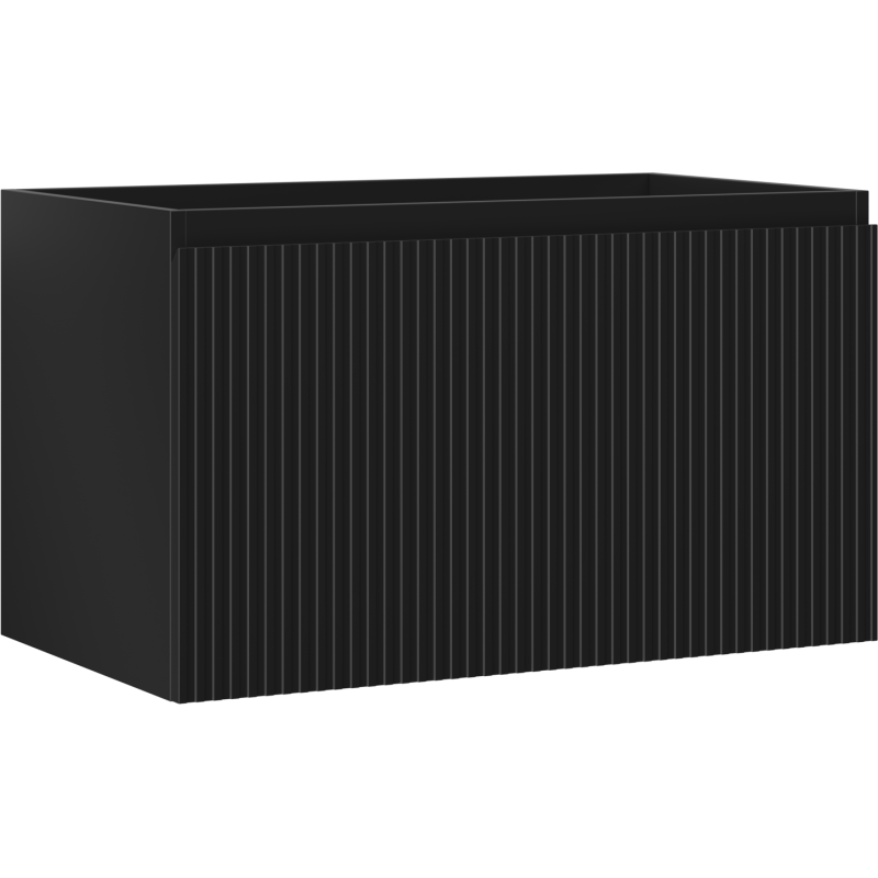 Servantskap 80 cm svart matt med én skuff og riflet front, sett fra skrå vinkel mot høyre.