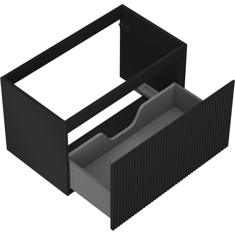 Servantskap uten vask 80 cm svart matt med åpen grå skuff og riflet front, sett fra skrå vinkel.