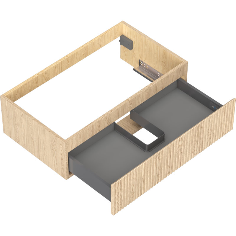 Servantskap uten vask 80 cm i eik med riflet front, åpen skuff og grå innmat, sett ovenfra.