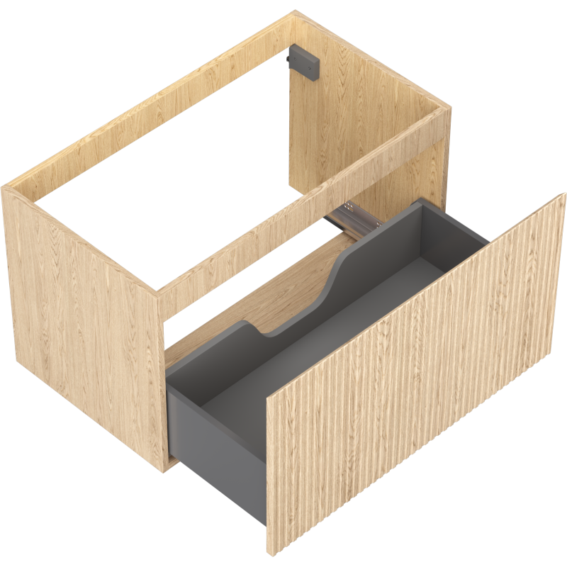 Servantskap uten vask 80 cm i eik med riflet front og stor grå skuff sett ovenfra.