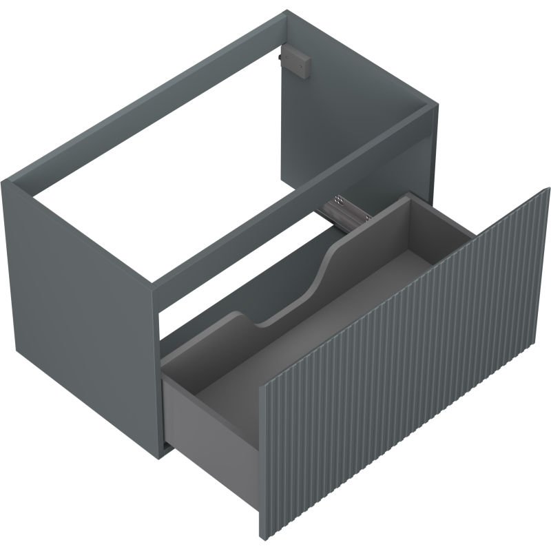 Servantskap uten vask i grafitt matt med én uttrekt skuff og riflet front, sett ovenfra.
