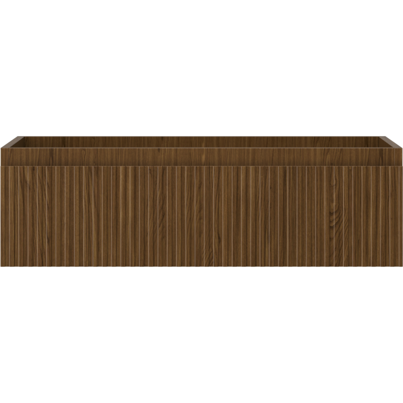 Underskap til servant i mørk valnøtt med én skuff og vertikal riflet front, sett rett forfra.