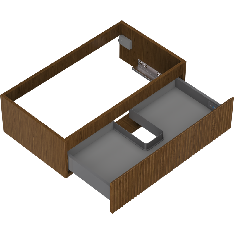 Servantskap uten vask 80 cm i valnøtt med åpen grå innerskuff og U-formet inndeling.