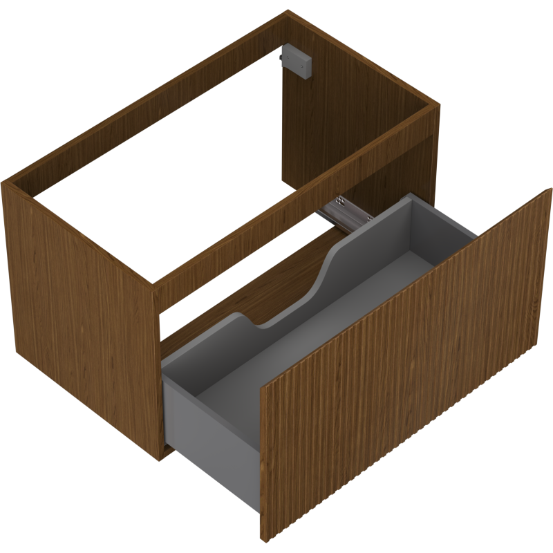 Servantskap uten vask 80 cm valnøtt med én stor grå skuff trukket ut og riflet front.