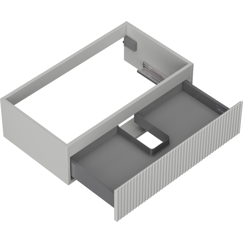 Servantskap uten vask 80 cm grå matt med én uttrekt skuff og riflet front, sett skrått ovenfra.