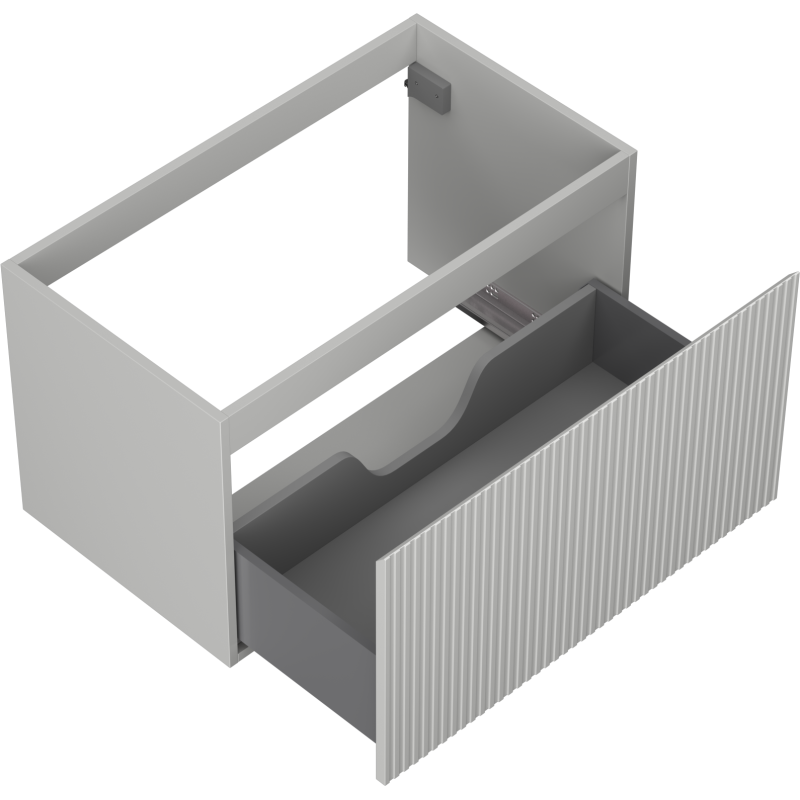 Servantskap uten vask grå matt 80 cm med åpen riflet skuff og utsparing for rørføring.