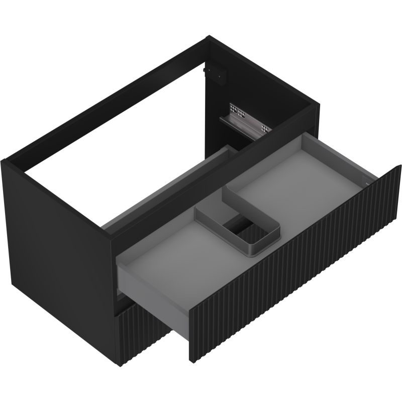 Servantskap uten vask 80 cm Mexen Rivel i svart matt med rillet front, sett ovenfra med åpne skuffer.