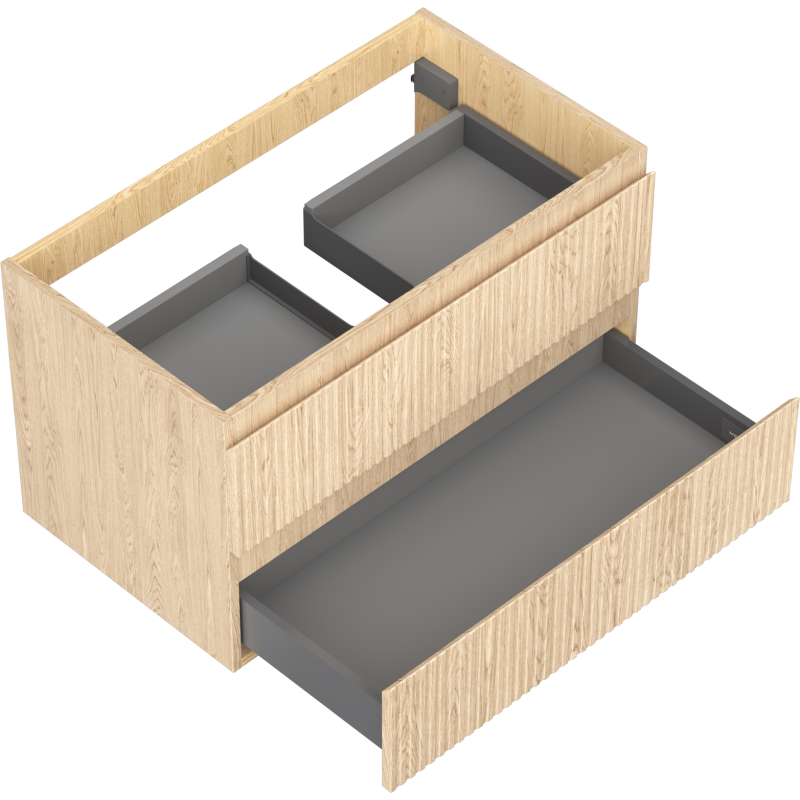 Servantskap til bad 80 cm i lys eik med to uttrekkskuffer, nederste skuff helt åpen, sett skrått ovenfra.