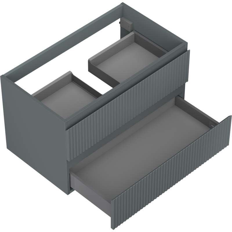 Servantskap til bad 80 cm grafitt matt med to åpne skuffer og vertikale riller, sett skrått ovenfra.