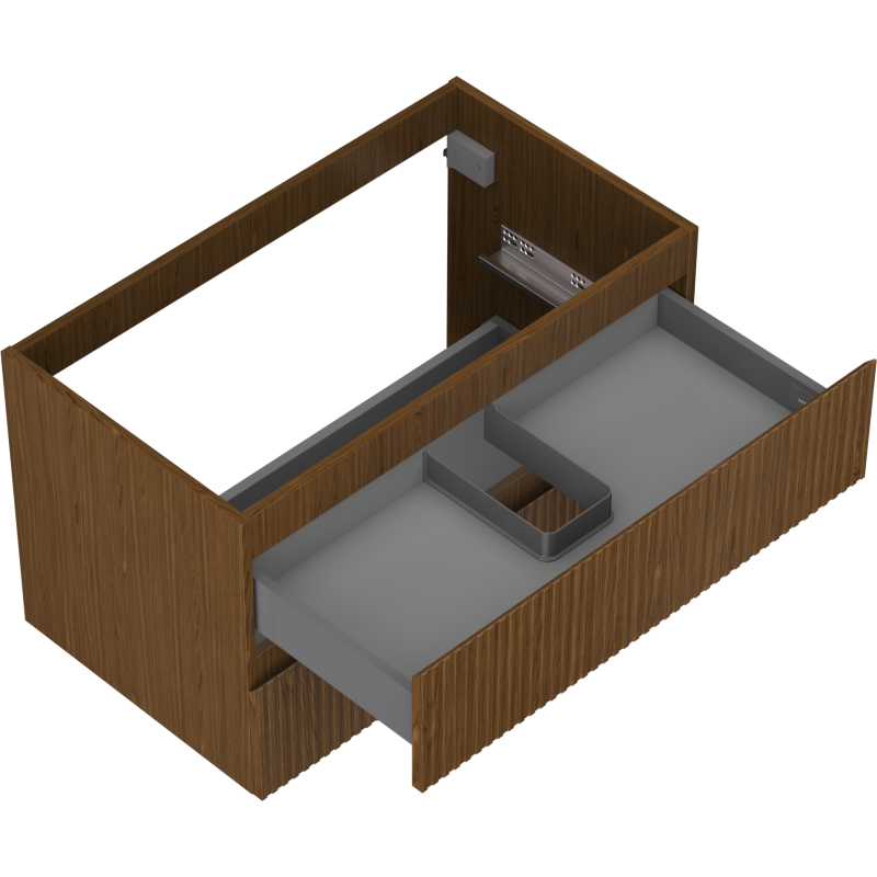 Servantskap uten vask 80 cm valnøtt med åpen skuff og utsparing for rørføring, sett skrått ovenfra.