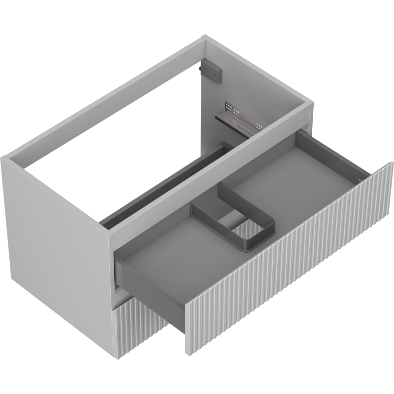 Servantskap uten vask 80 cm grå matt med åpen skuff, ribbet front og mørk grå romdeler.