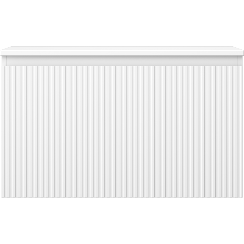 Underskap til servant i hvit matt med vertikale riller og utspringende øvre kant, sett forfra.