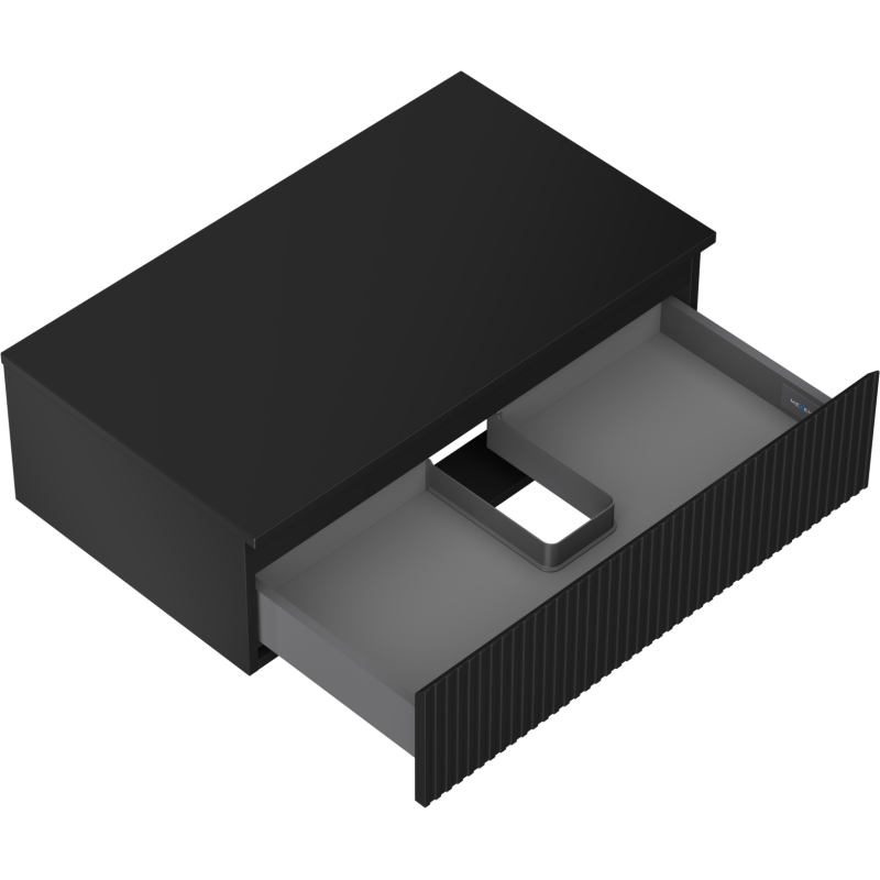Servantskap uten vask svart matt 80 cm med ribbet front og avlang innsats i skuff sett ovenfra.