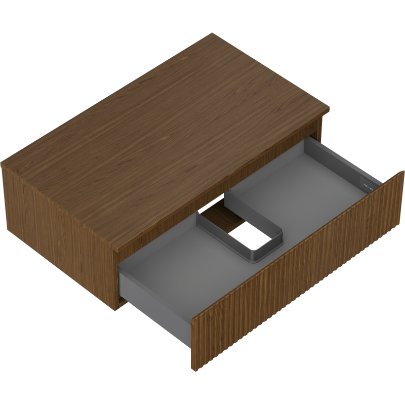 Servantskap uten vask 80 cm valnøtt med riflet front, åpen skuff og grå innvendig inndeling.