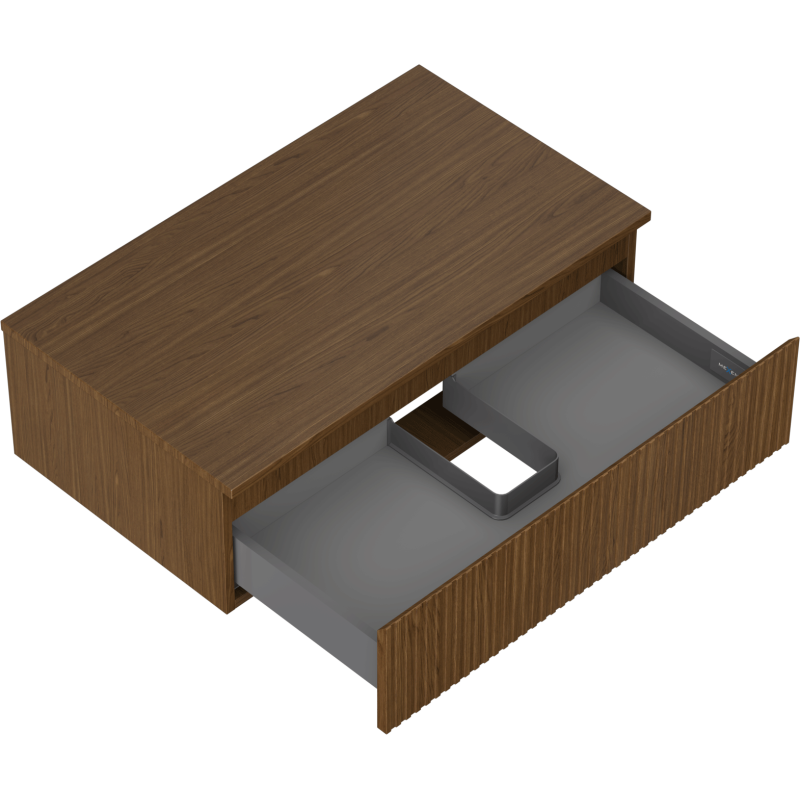 Servantskap uten vask i valnøtt med én stor grå skuff trukket ut og riflet front.