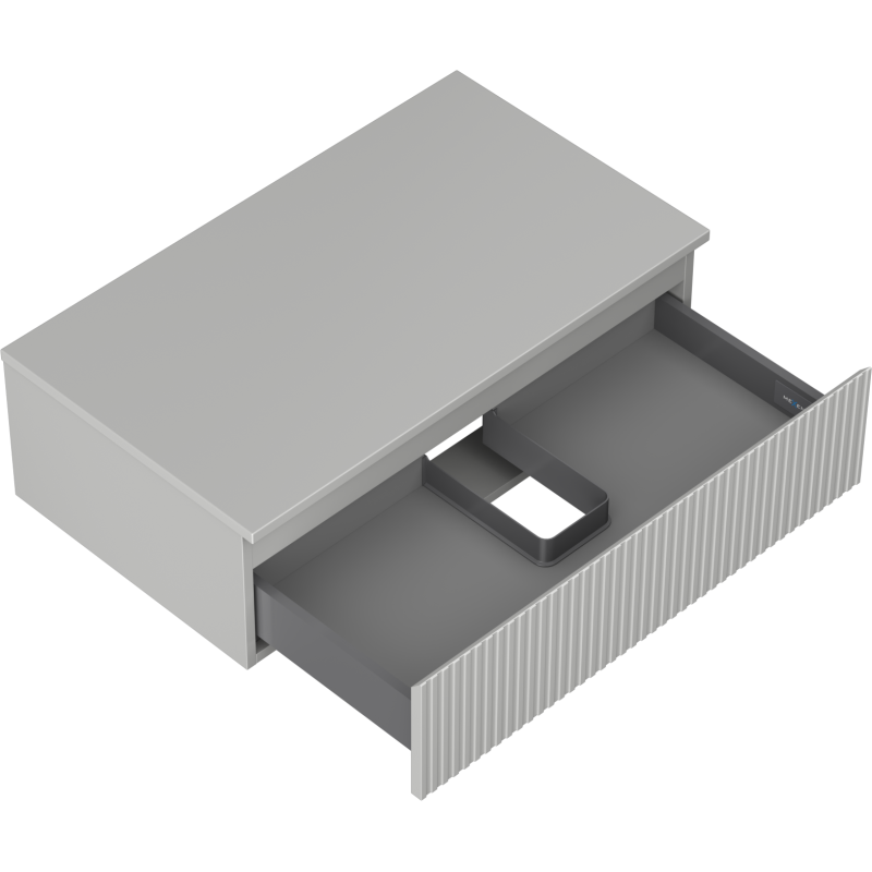 Servantskap uten vask 80 cm grå matt med riflet front, åpen skuff og avdeler, sett skrått ovenfra.