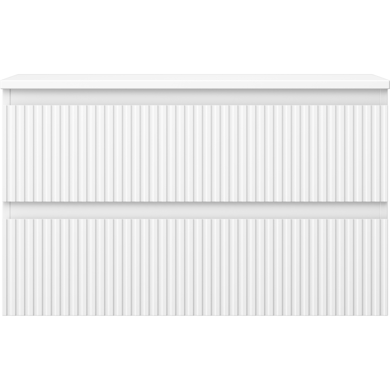 Underskap til servant i hvit matt med to skuffer, vertikale riller og minimalistisk design uten håndtak.