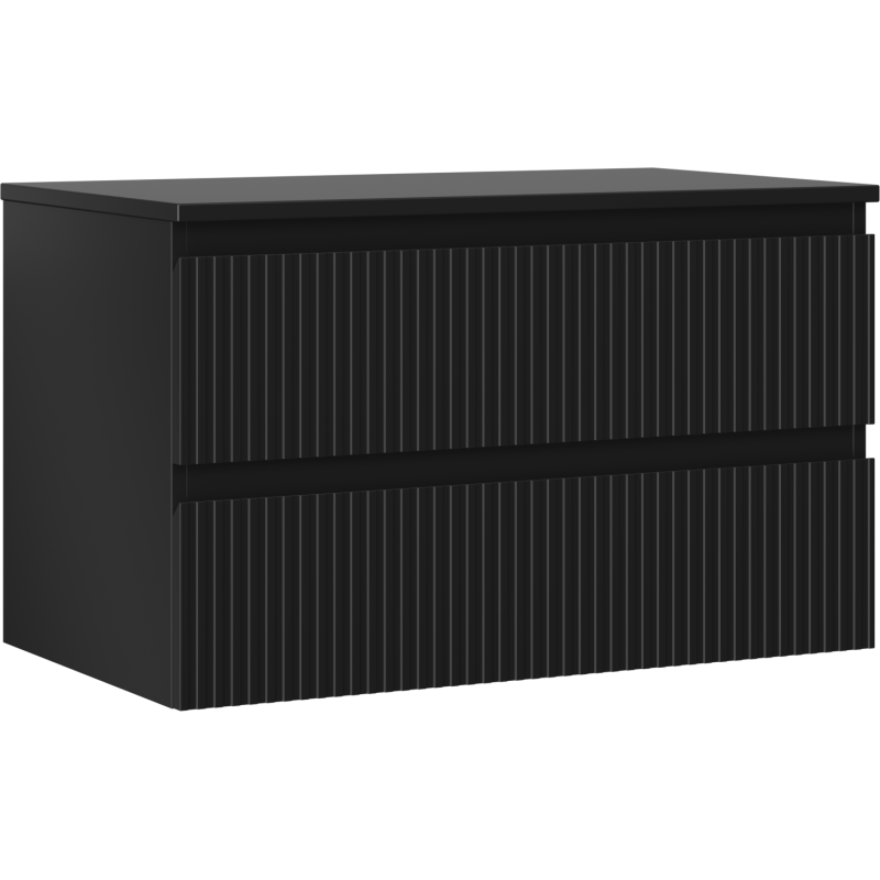 Servantskap 80 cm svart matt med to riflete skuffer, sett fra skrå forside.