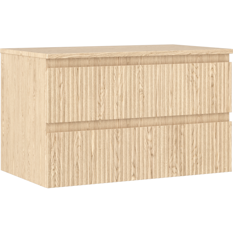 Servantskap 80 cm i lys eik med riflet front og to håndtaksfrie skuffer, sett skrått forfra.