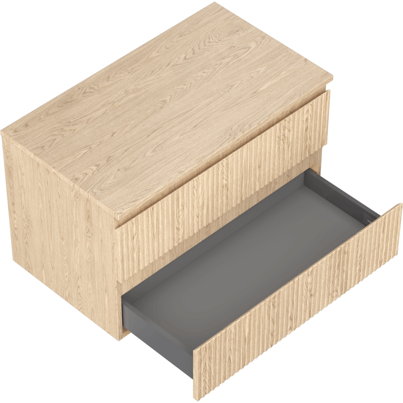 Servantskap til bad i lys eik med riflet front, én stor skuff trukket ut og grå innside.