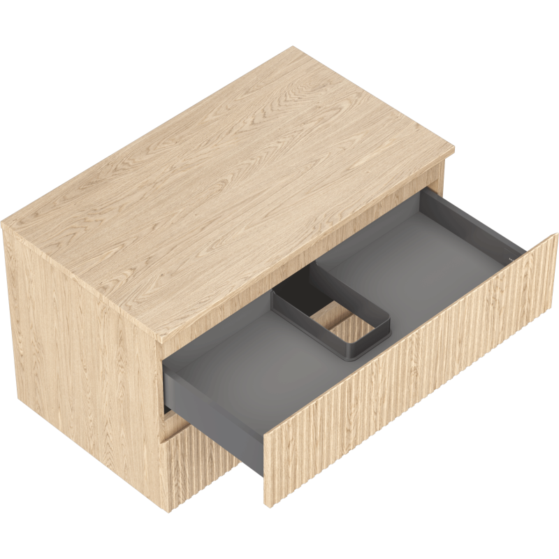 Servantskap uten vask 80 cm i eik med to skuffer, åpen grå innerskuff og sort plastinnlegg.